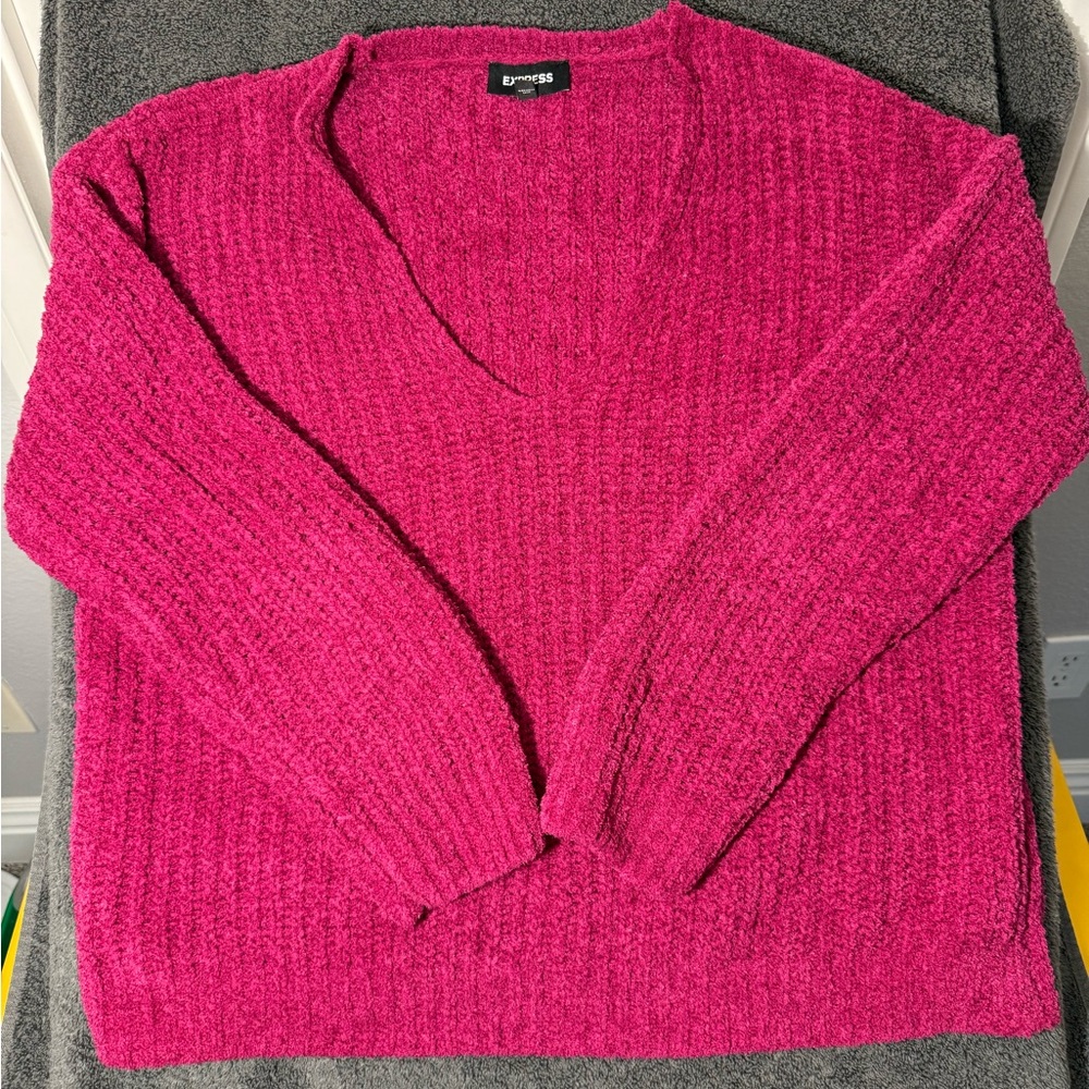 Express Bright Pink V-Neck Knit Sweater